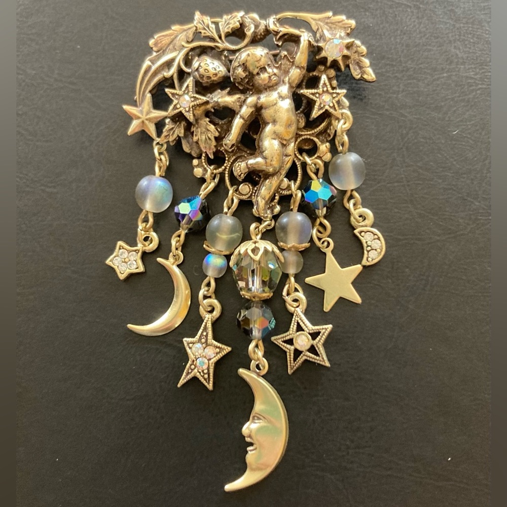 KIRKS FOLLY Gold Tone Celestial Angel Cherub Brooch With Dangling Moon & Stars